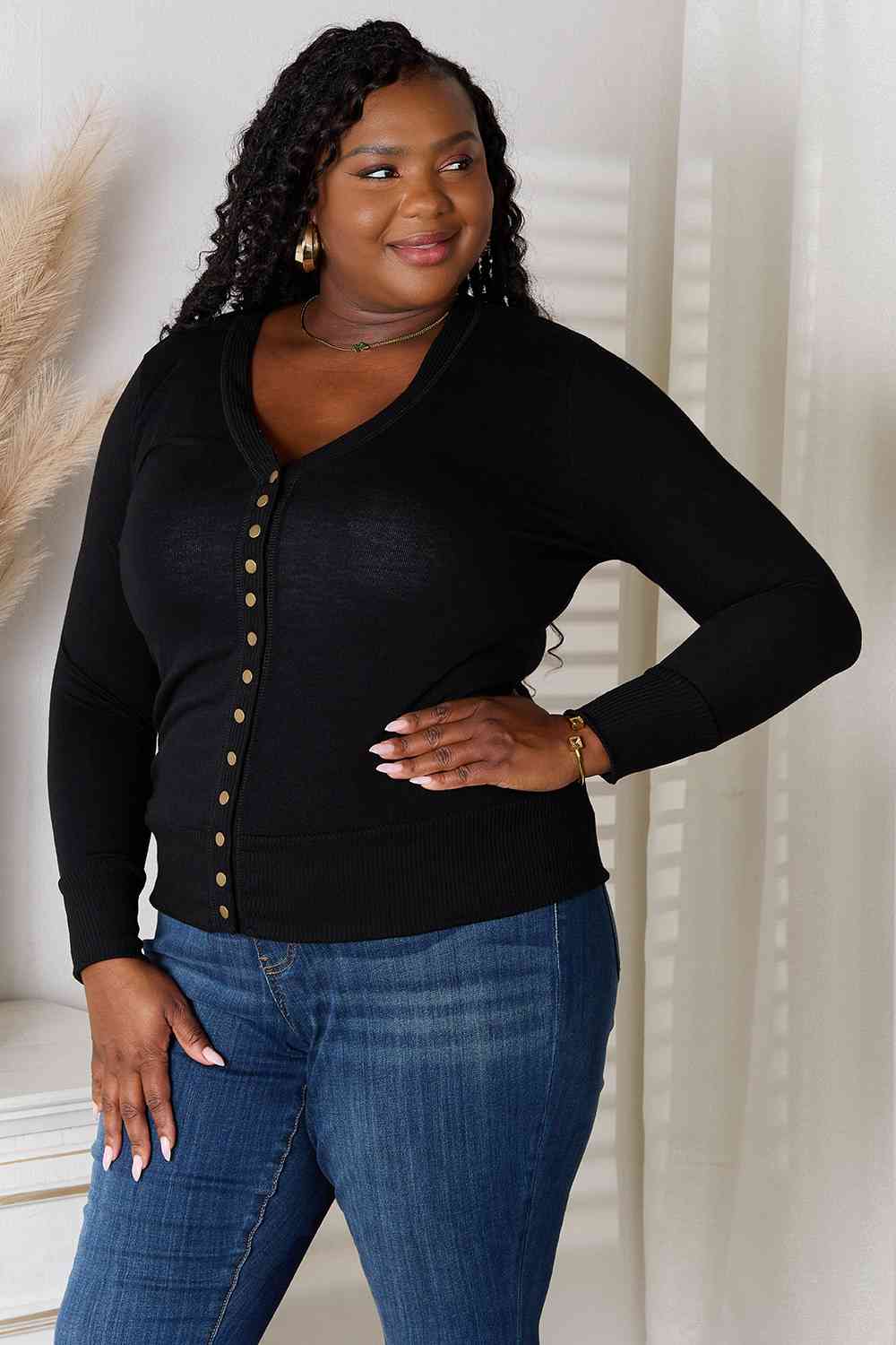 Snap Button Sweater Cardigan With Ribbed Detail