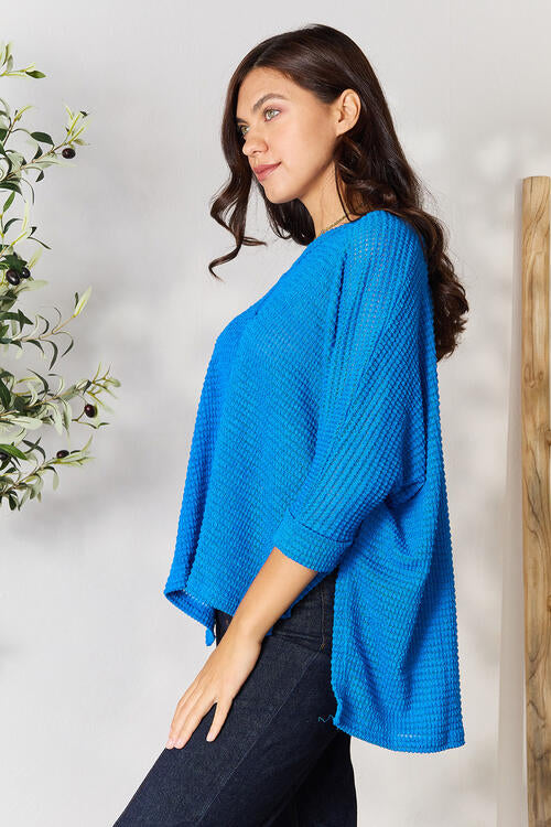 3/4 Sleeve V-Neck Hi-Low Hem Jacquard Sweater