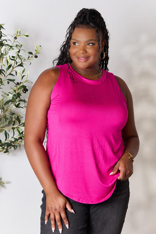 Luxe Rayon Sleeveless Round Neck Hi-Low Hem Top