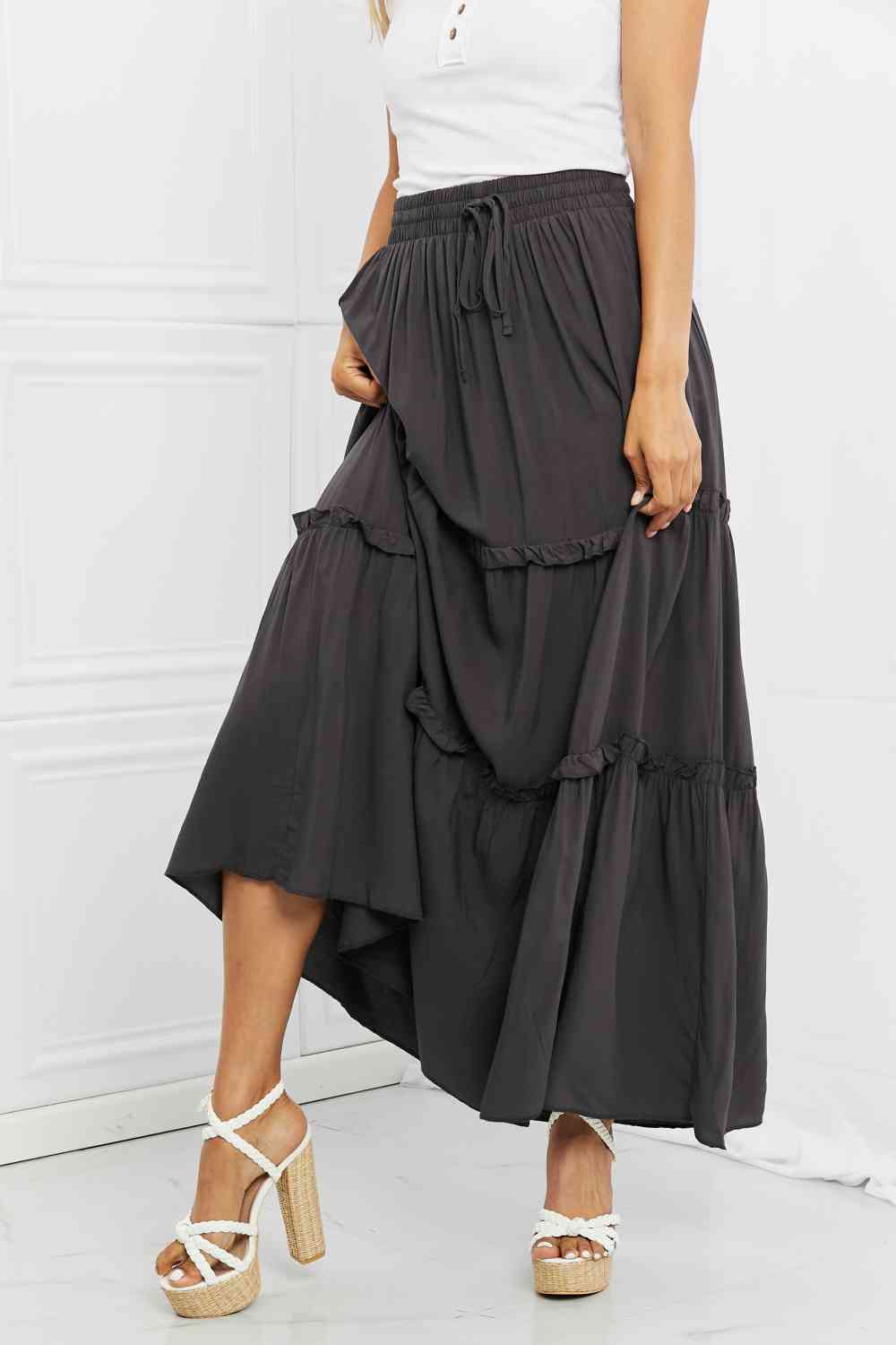 Woven Drawstring Waist Tiered Ruffle Maxi Skirt