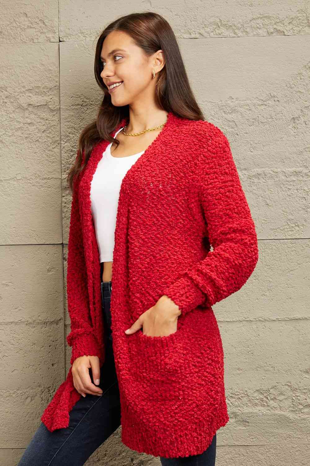 Long Sleeve Popcorn Sweater Cardigan With Pockets
