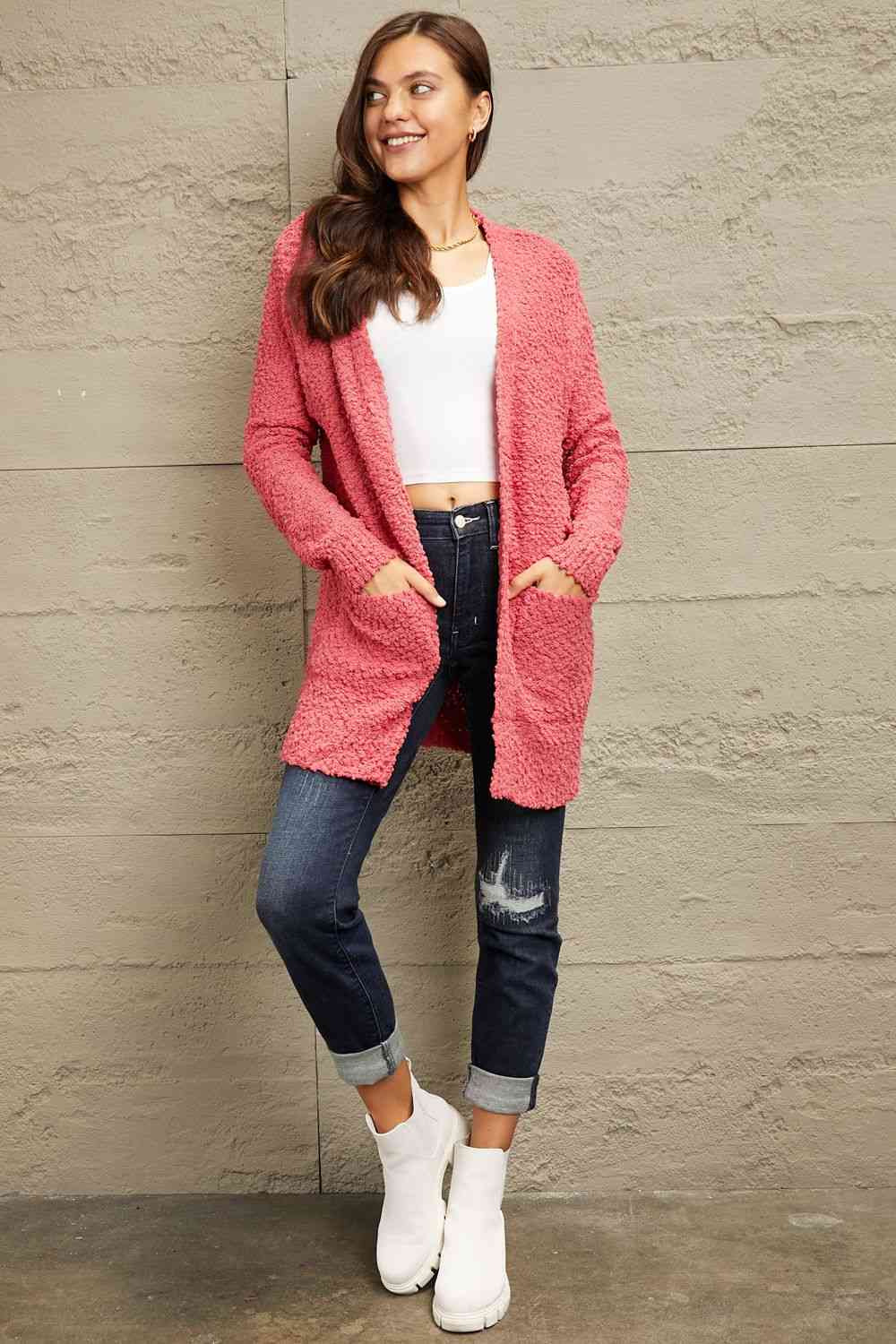 Long Sleeve Popcorn Sweater Cardigan With Pockets