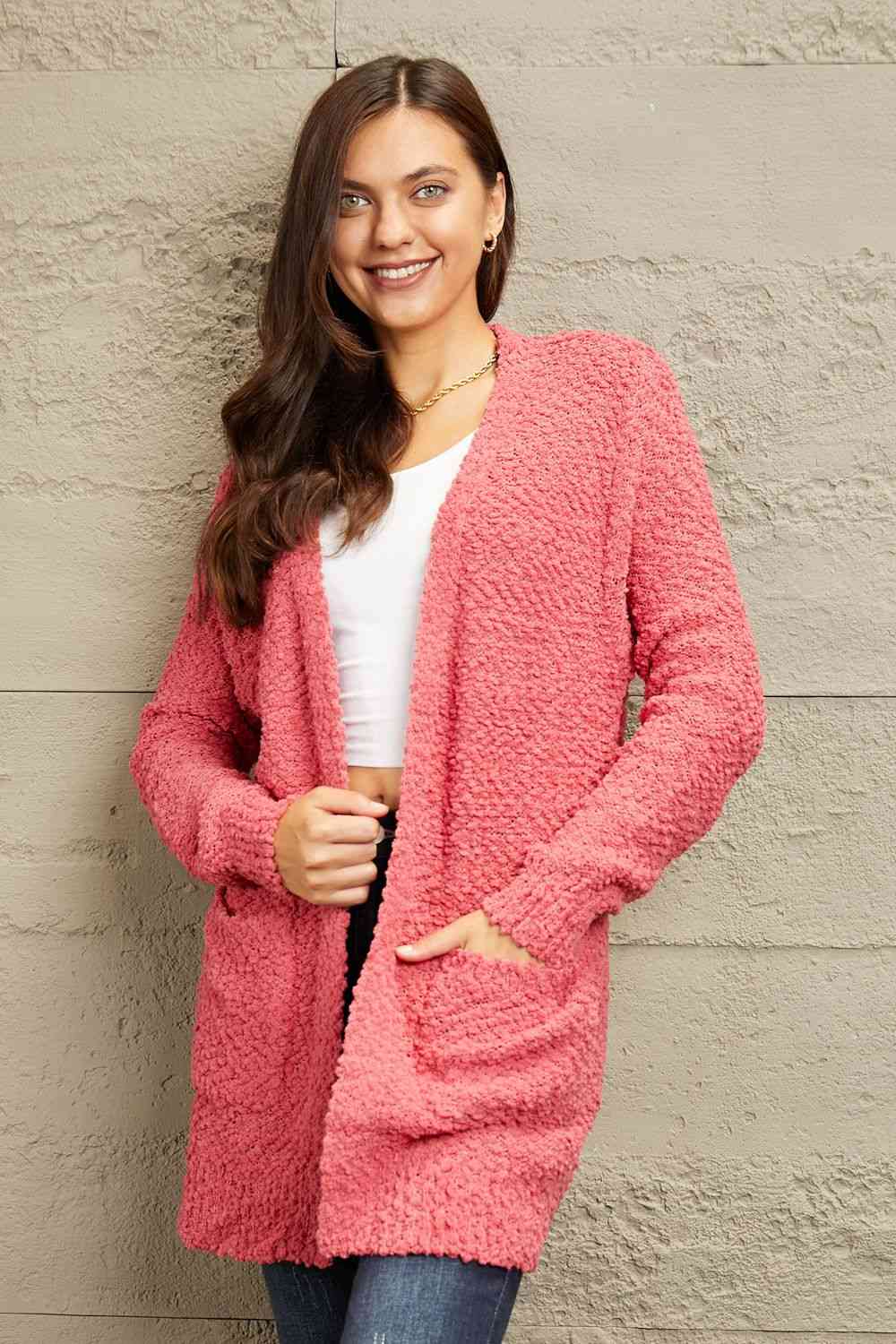 Long Sleeve Popcorn Sweater Cardigan With Pockets