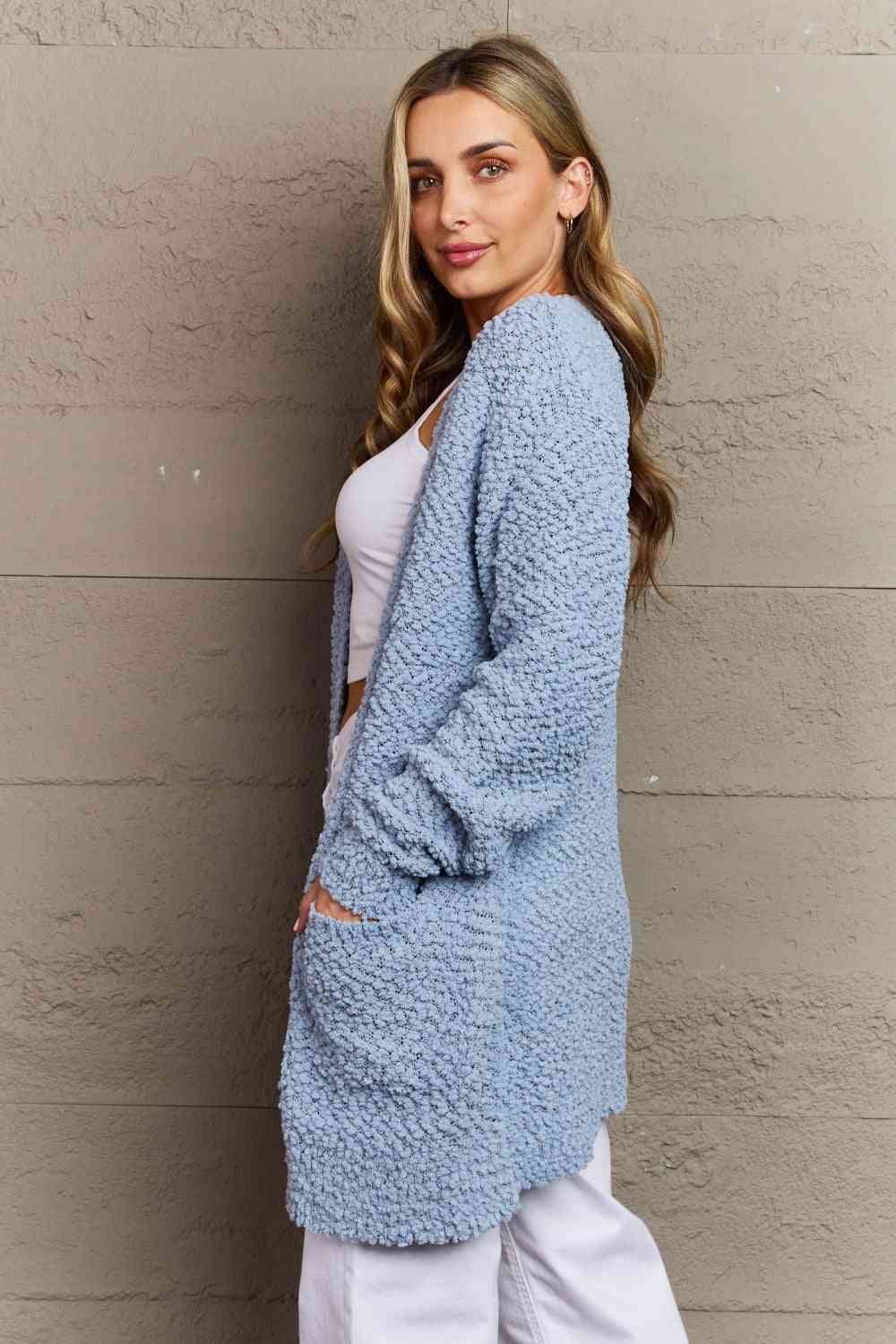 Long Sleeve Popcorn Sweater Cardigan With Pockets