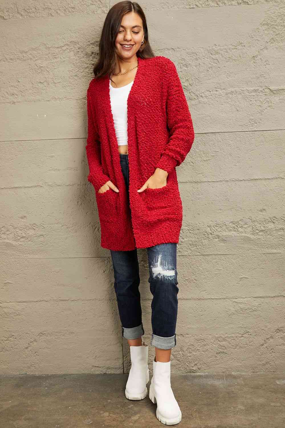 Long Sleeve Popcorn Sweater Cardigan With Pockets