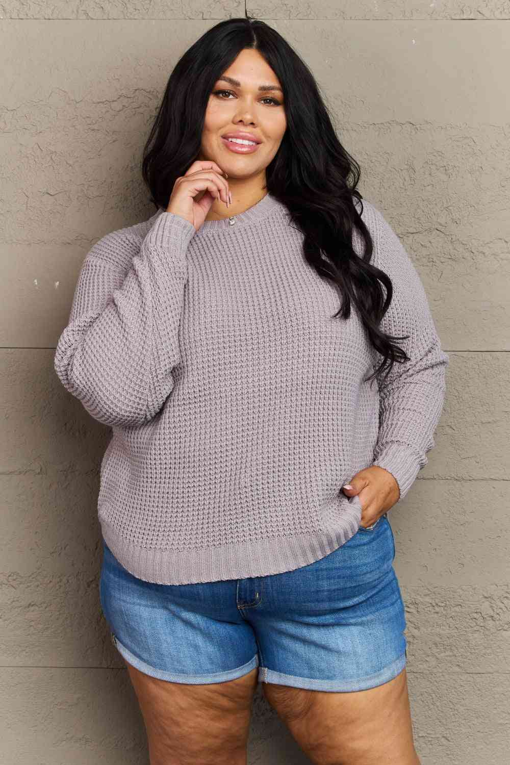 Plus Hi-Low Long Sleeve Round Neck Waffle Sweater