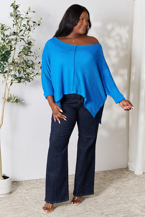 3/4 Sleeve V-Neck Hi-Low Hem Jacquard Sweater