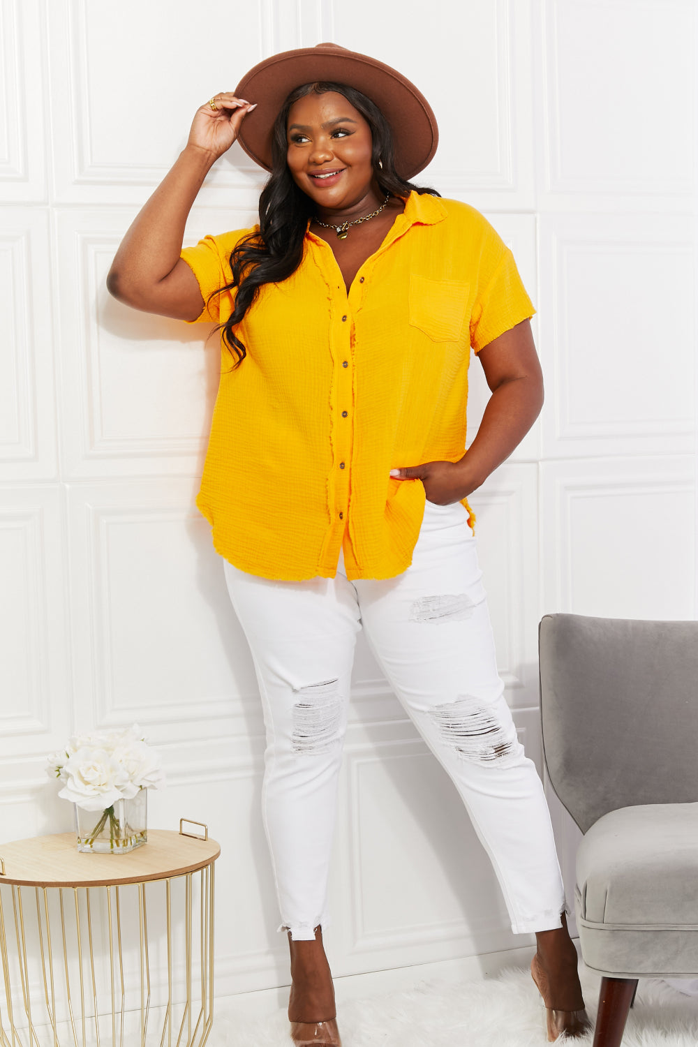 Double Gauze Button Down Raw Edge Short Sleeve Shirt