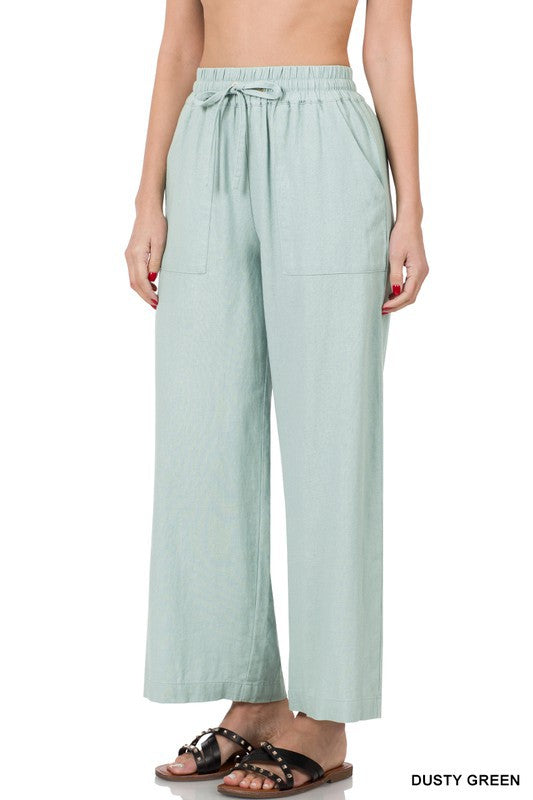 Zenana Linen Drawstring Waist Pants With Pockets