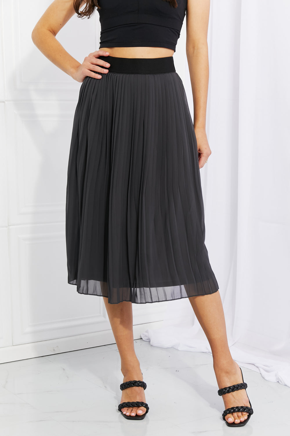 Woven Chiffon High Waist Pleated Midi Skirt