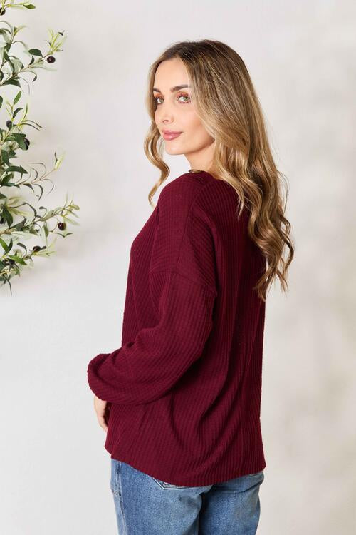 Brushed Waffle V-Neck Button Detail Sweater