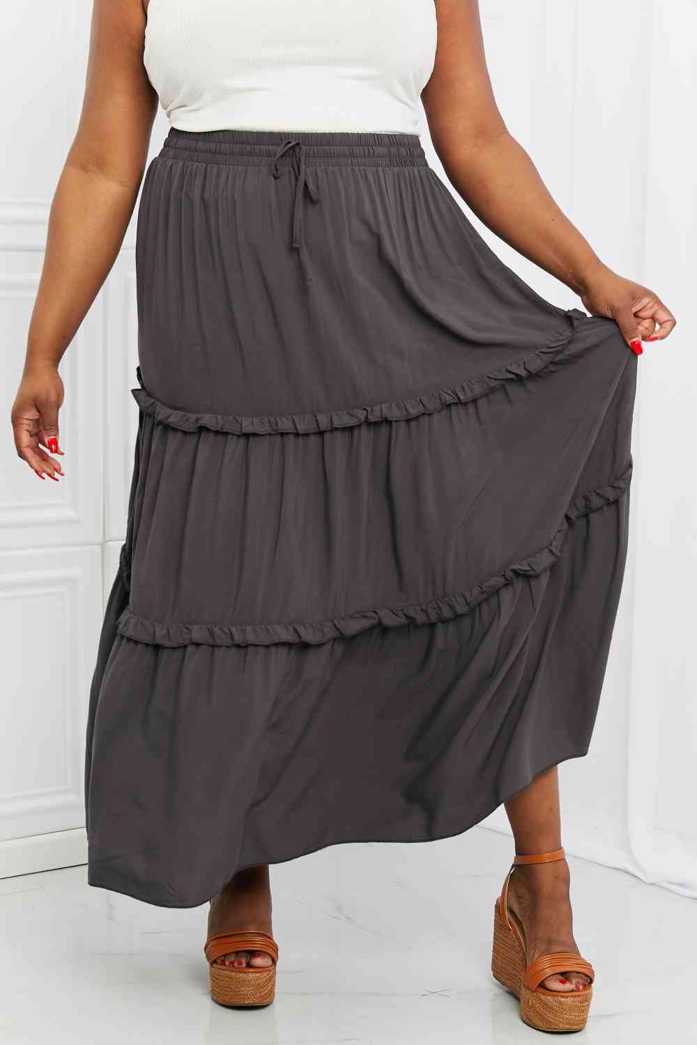 Woven Drawstring Waist Tiered Ruffle Maxi Skirt