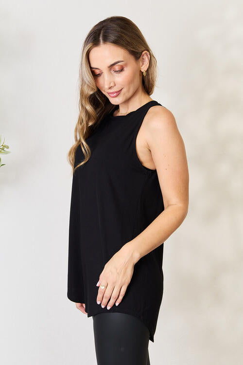 Luxe Rayon Sleeveless Round Neck Hi-Low Hem Top