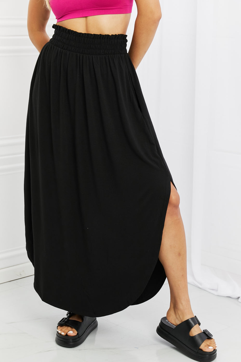 Smocked Waist Side Slit Maxi Skirt With Pockets