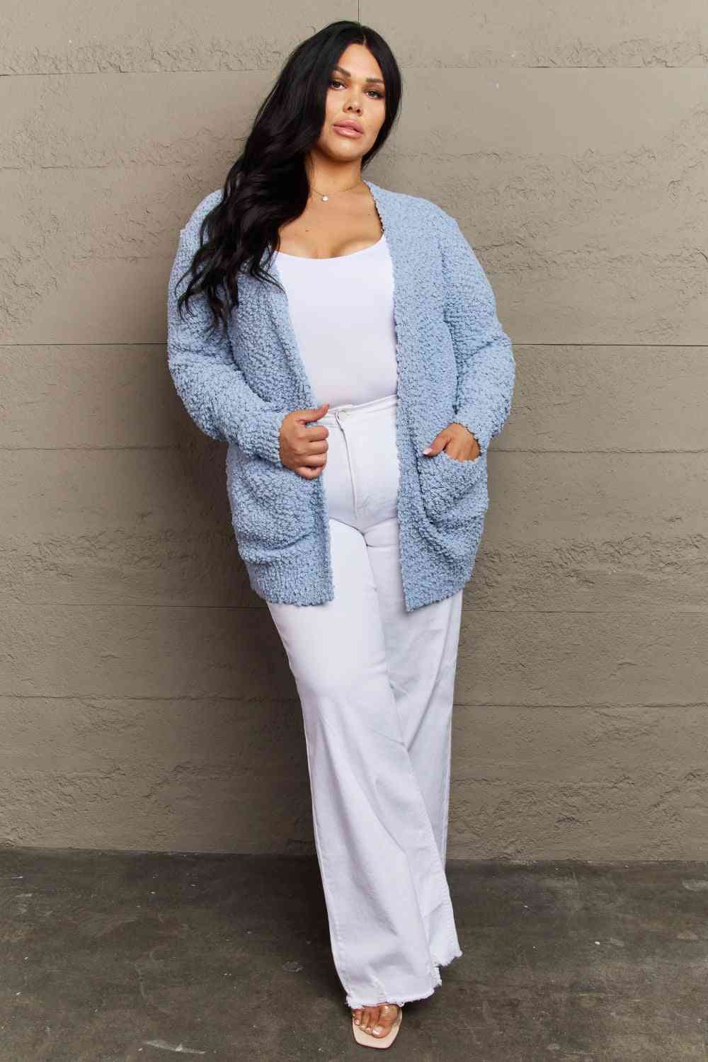 Long Sleeve Popcorn Sweater Cardigan With Pockets