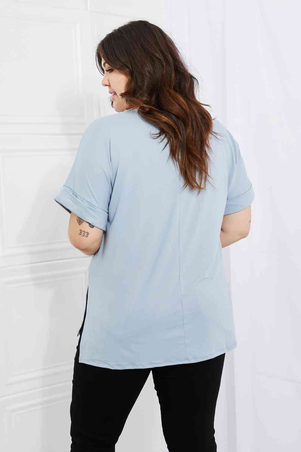 Rolled Short Sleeve Side Slit Hi-Low Hem Top