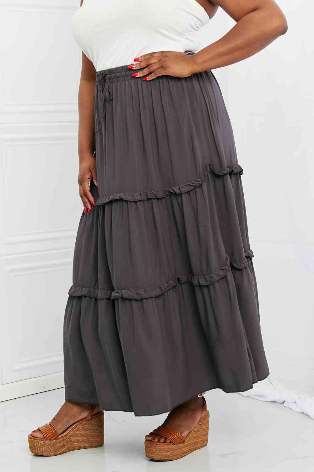 Woven Drawstring Waist Tiered Ruffle Maxi Skirt