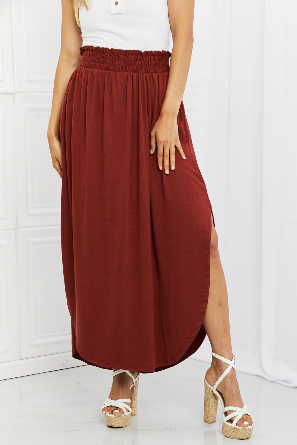 Smocked Waist Side Slit Maxi Skirt With Pockets