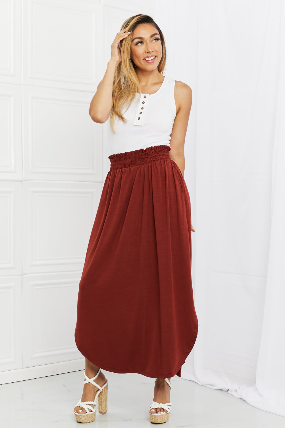 Smocked Waist Side Slit Maxi Skirt With Pockets
