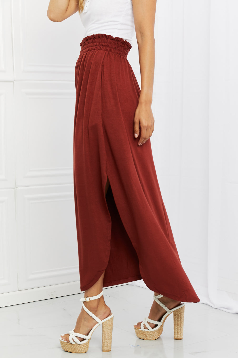 Smocked Waist Side Slit Maxi Skirt With Pockets