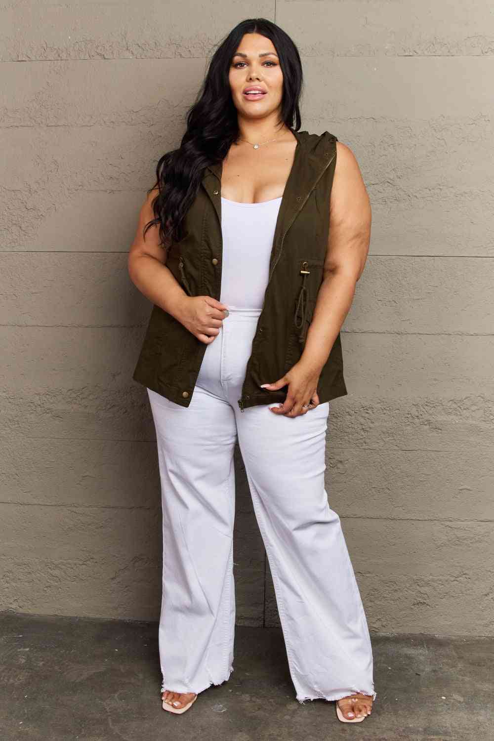 Drawstring Waist Military Hoodie Vest