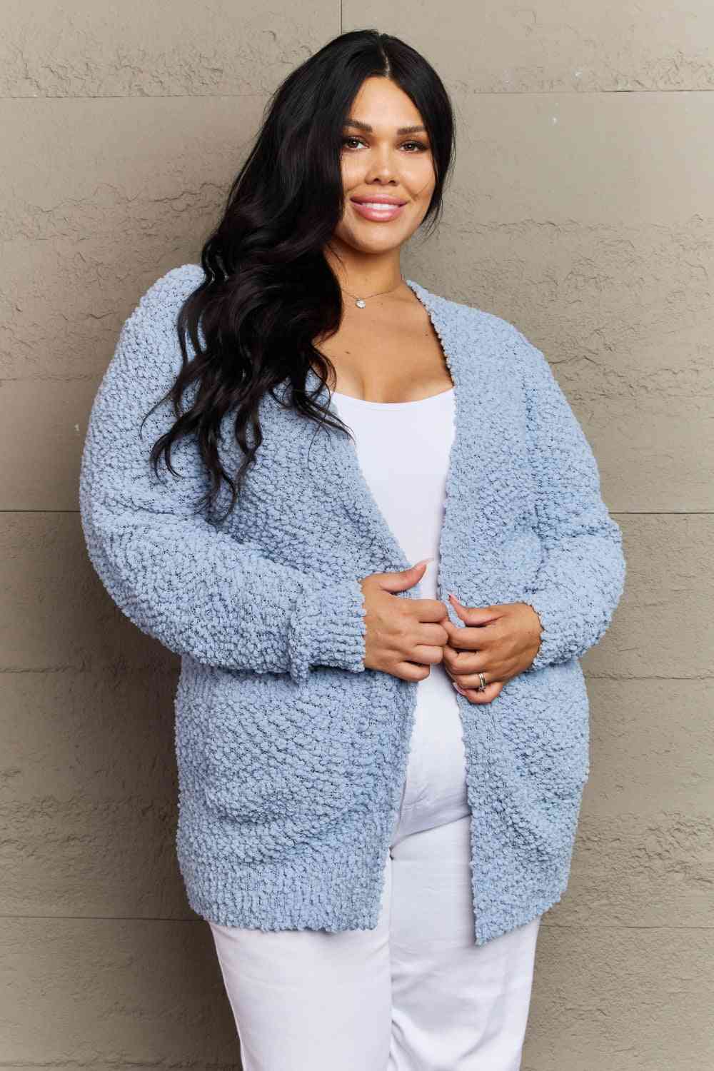 Long Sleeve Popcorn Sweater Cardigan With Pockets