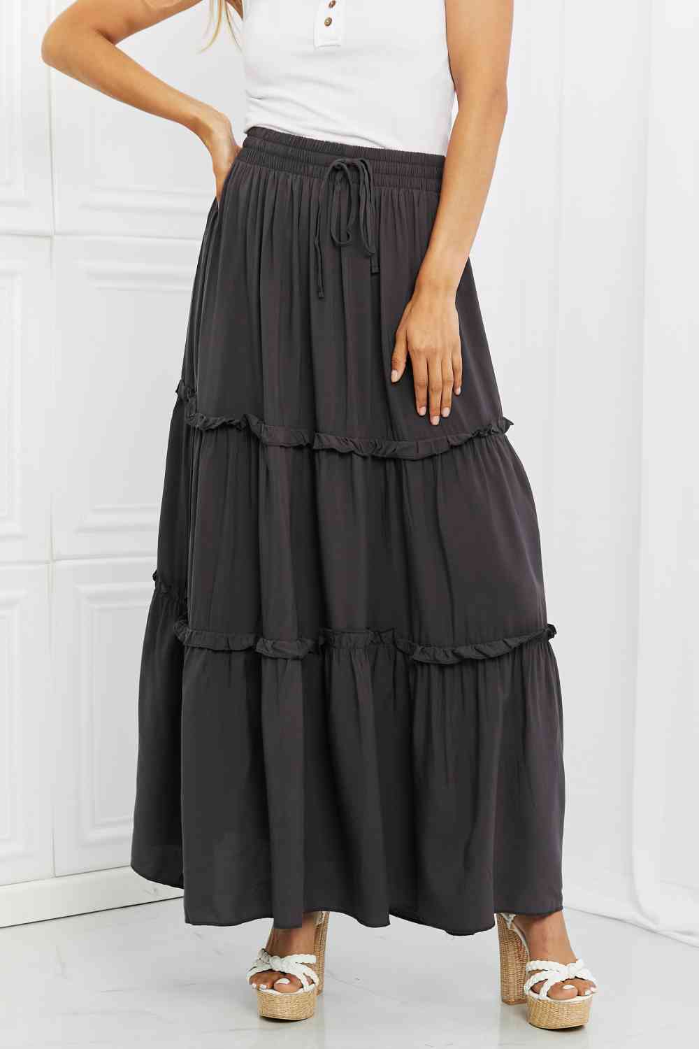 Woven Drawstring Waist Tiered Ruffle Maxi Skirt