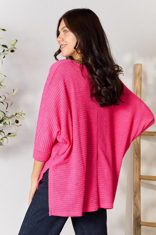 3/4 Sleeve V-Neck Hi-Low Hem Jacquard Sweater