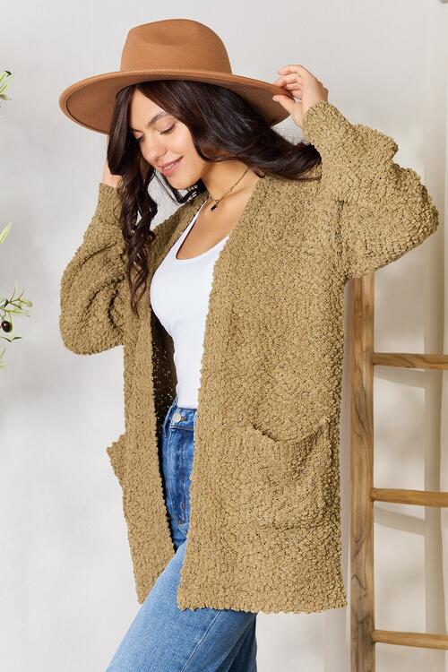 Puff Sleeve Popcorn Cardigan With Pockets