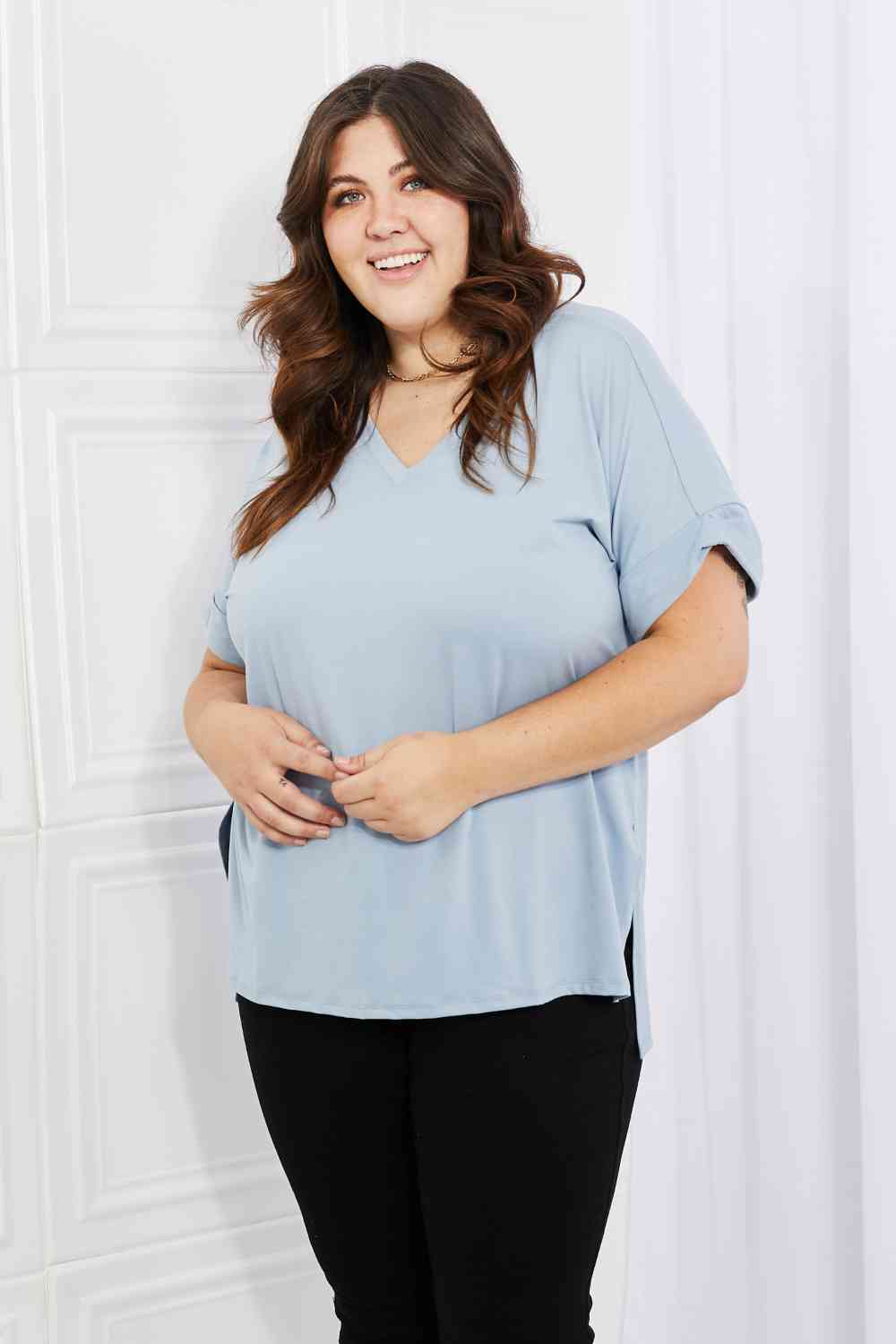 Rolled Short Sleeve Side Slit Hi-Low Hem Top