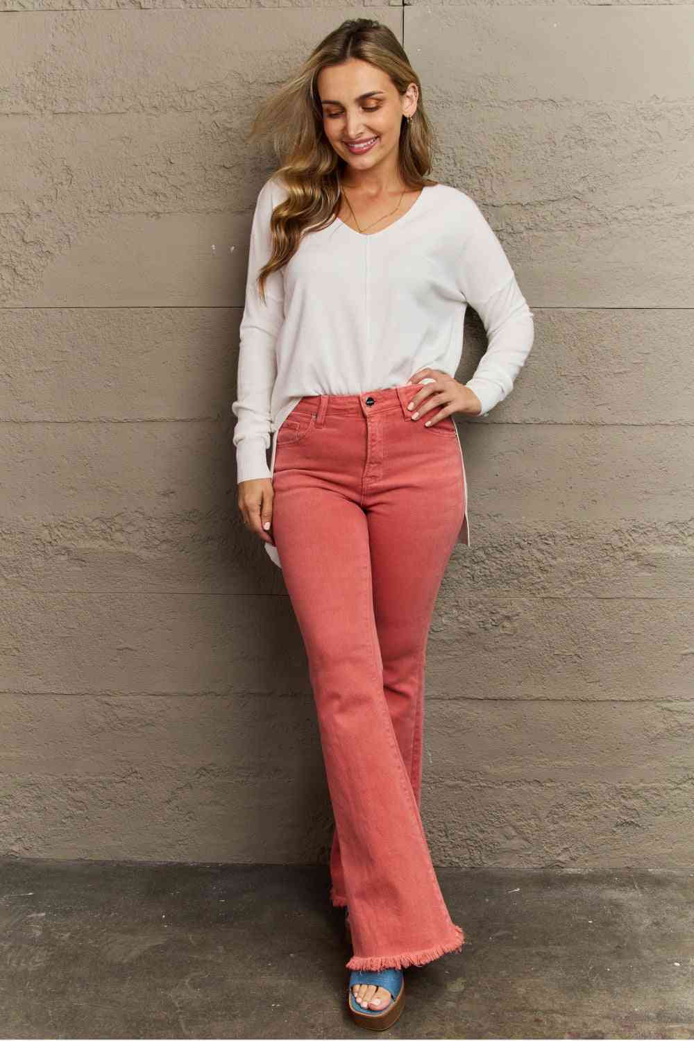 Hi-Low Hem V-Neck Center Seam Sweater