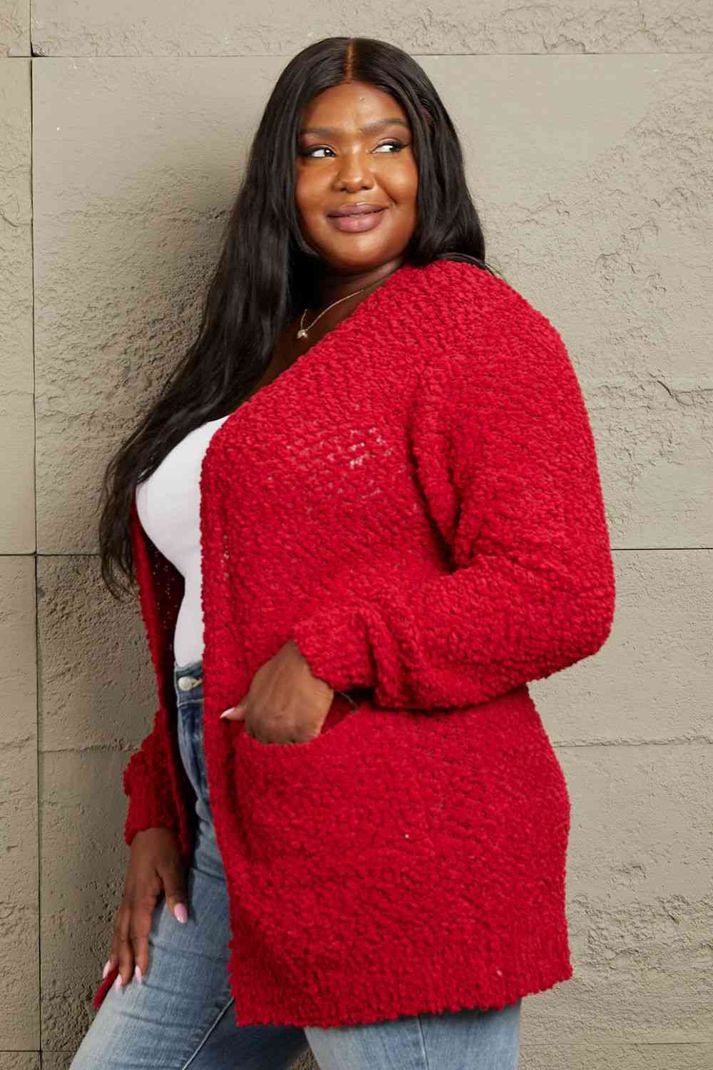 Long Sleeve Popcorn Sweater Cardigan With Pockets