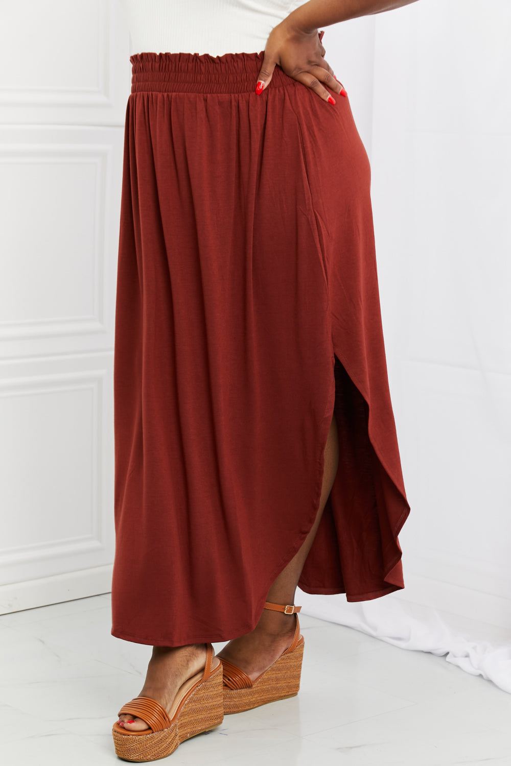Smocked Waist Side Slit Maxi Skirt With Pockets