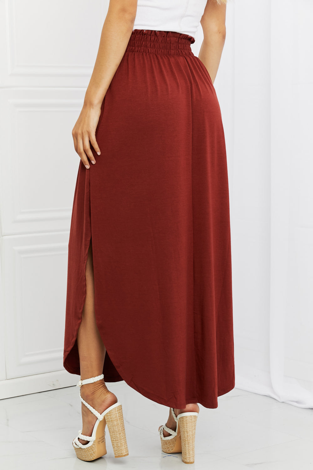 Smocked Waist Side Slit Maxi Skirt With Pockets
