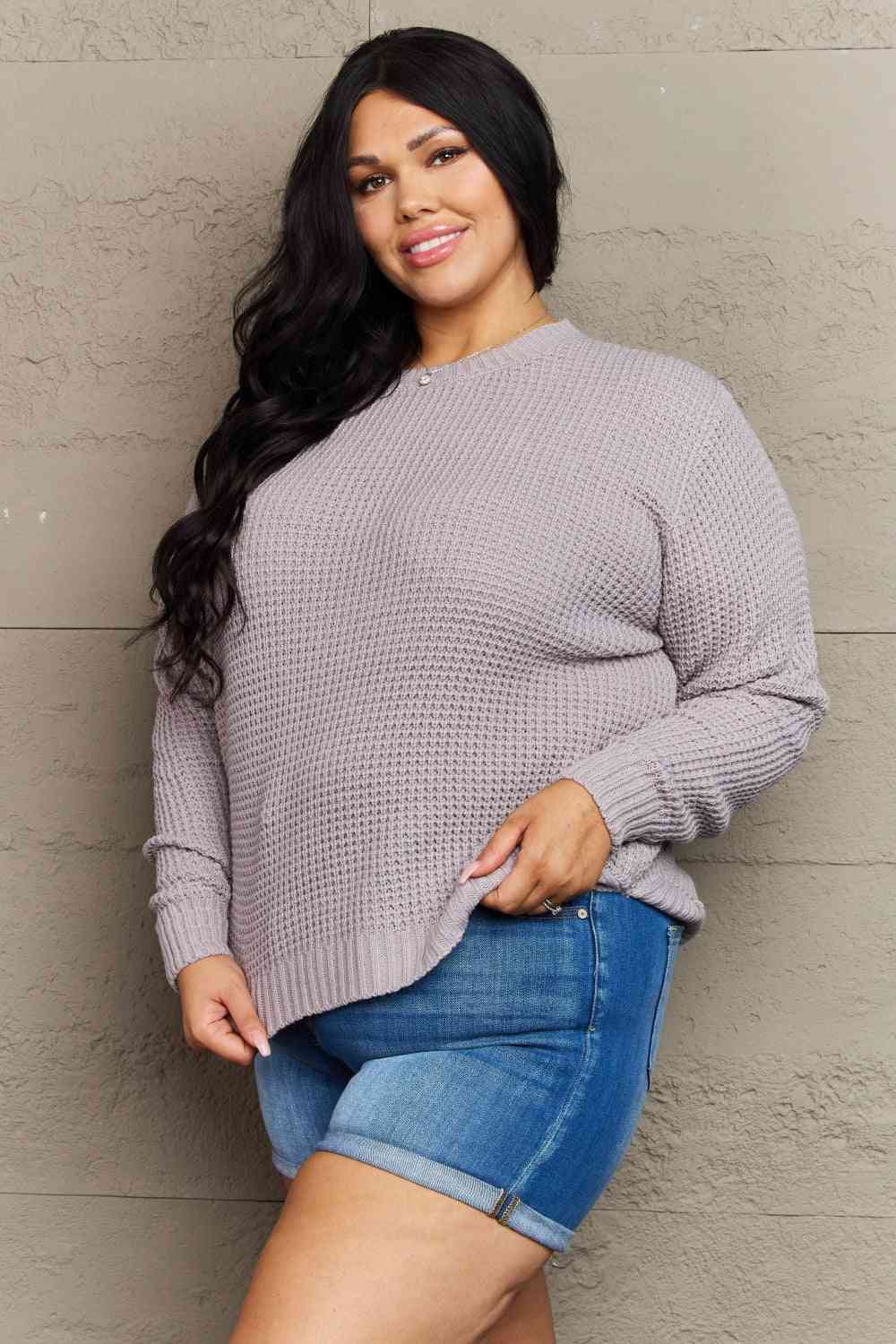 Plus Hi-Low Long Sleeve Round Neck Waffle Sweater