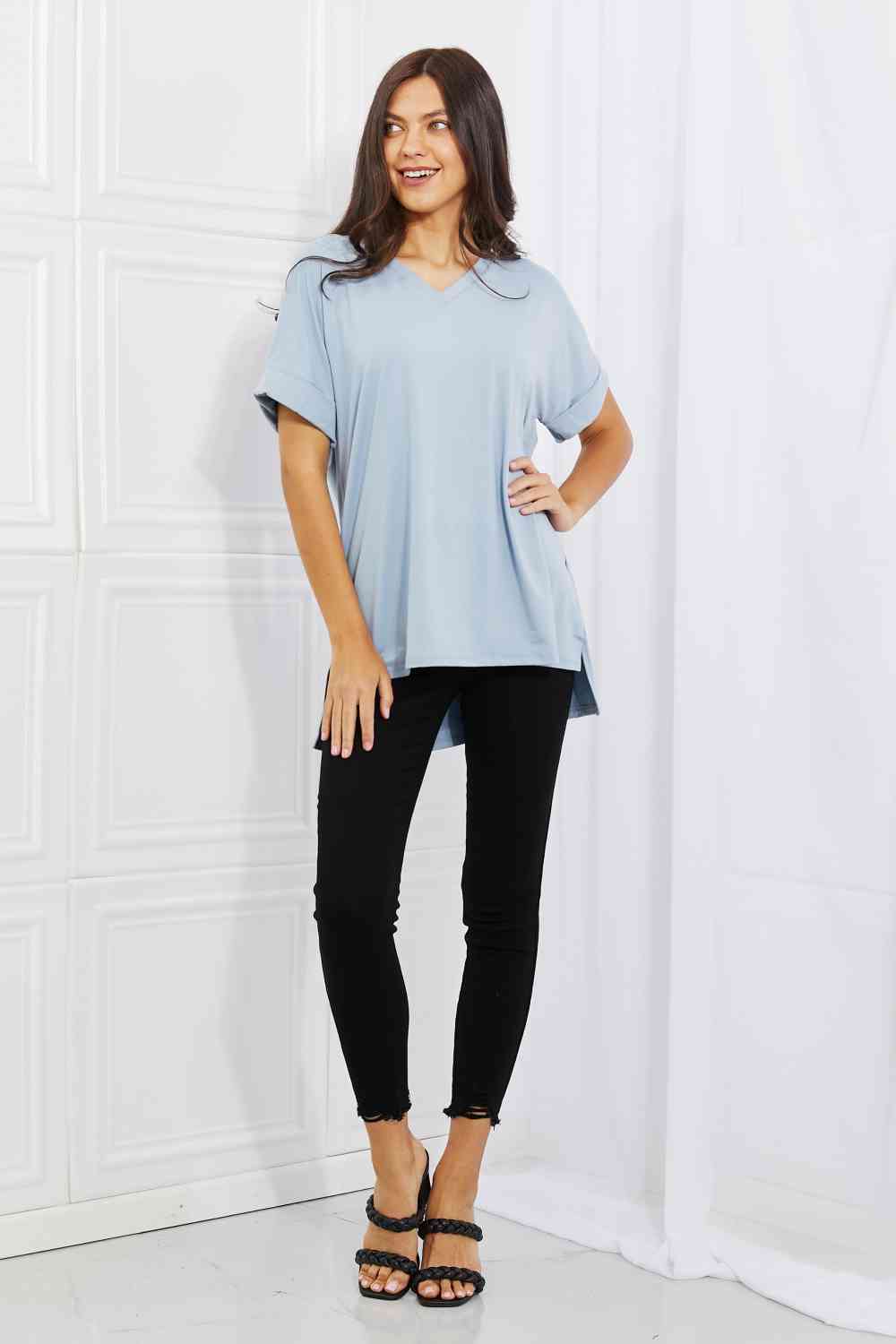 Rolled Short Sleeve Side Slit Hi-Low Hem Top