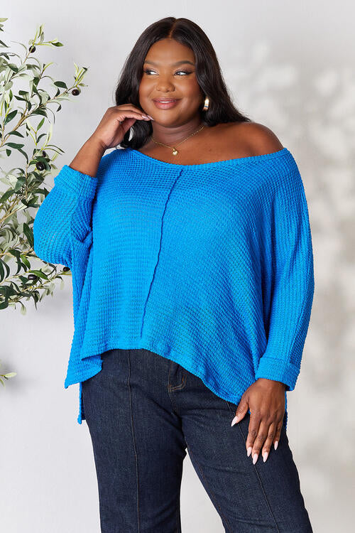 3/4 Sleeve V-Neck Hi-Low Hem Jacquard Sweater