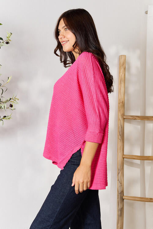 3/4 Sleeve V-Neck Hi-Low Hem Jacquard Sweater