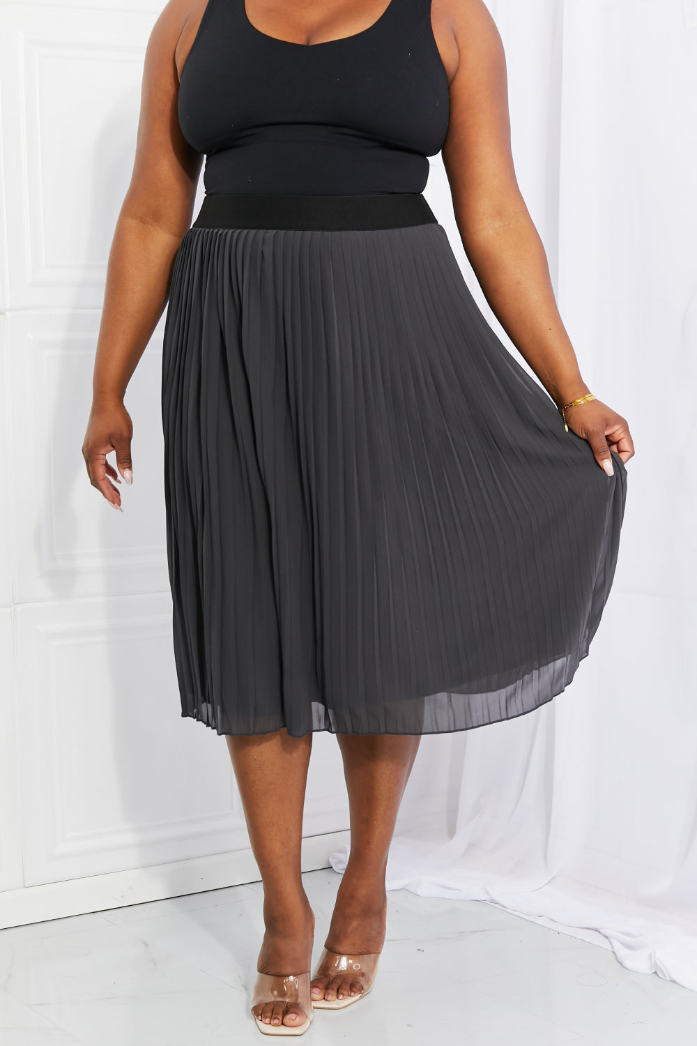 Woven Chiffon High Waist Pleated Midi Skirt