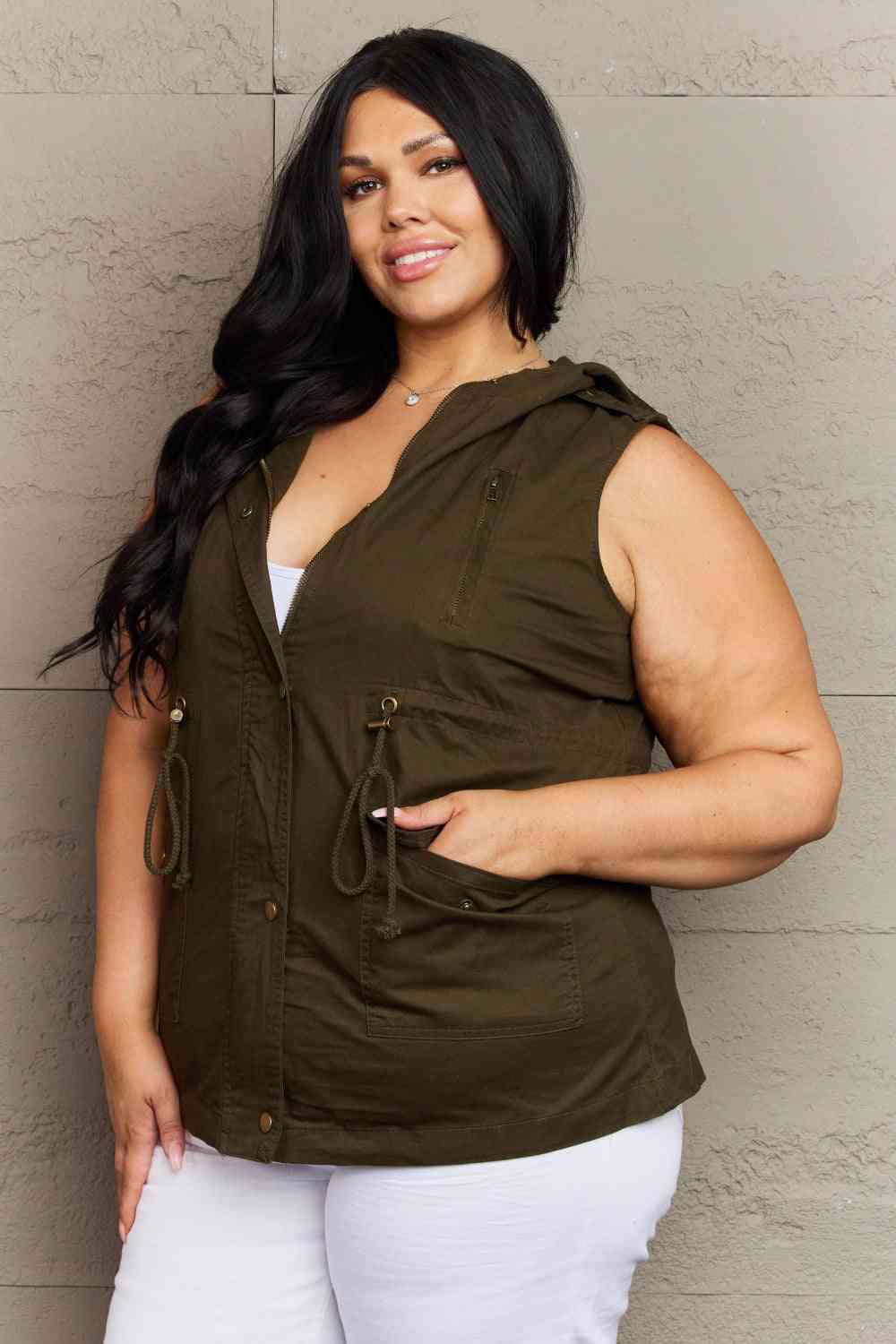 Drawstring Waist Military Hoodie Vest