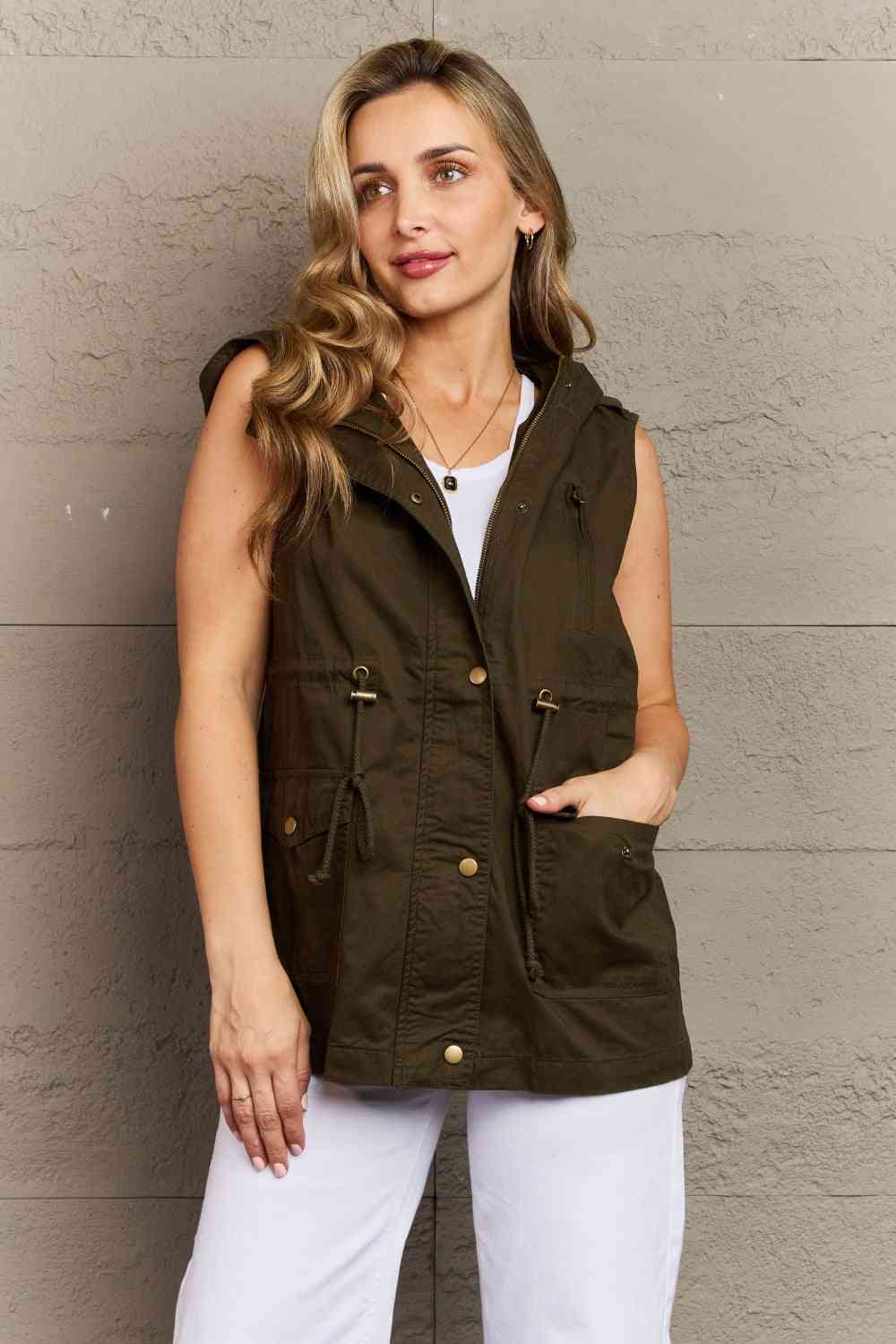 Drawstring Waist Military Hoodie Vest