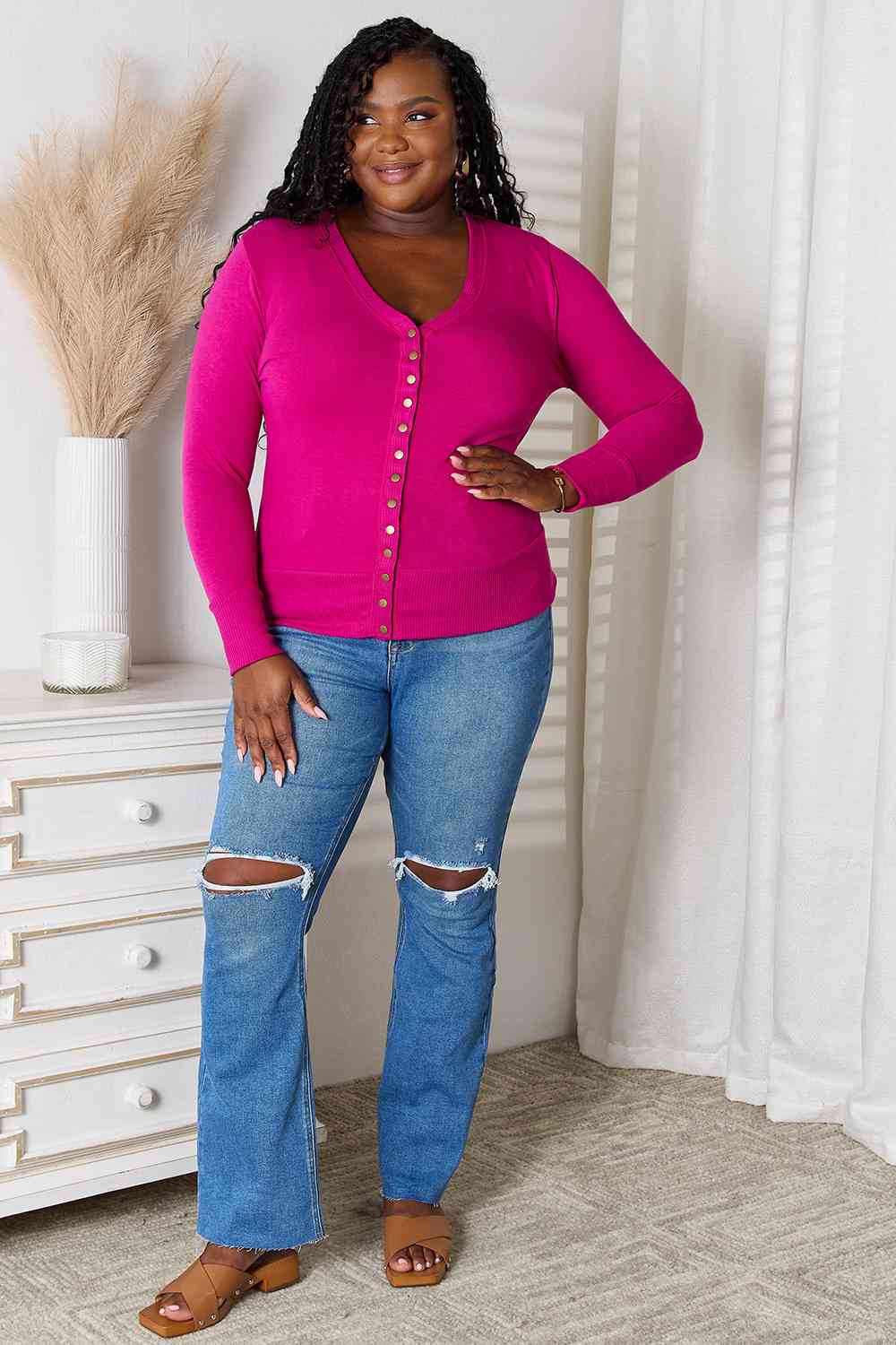 Snap Button Sweater Cardigan With Ribbed Detail
