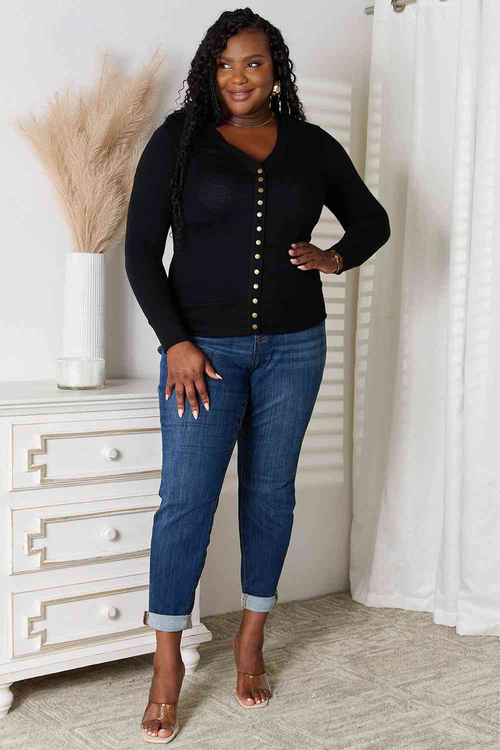 Snap Button Sweater Cardigan With Ribbed Detail