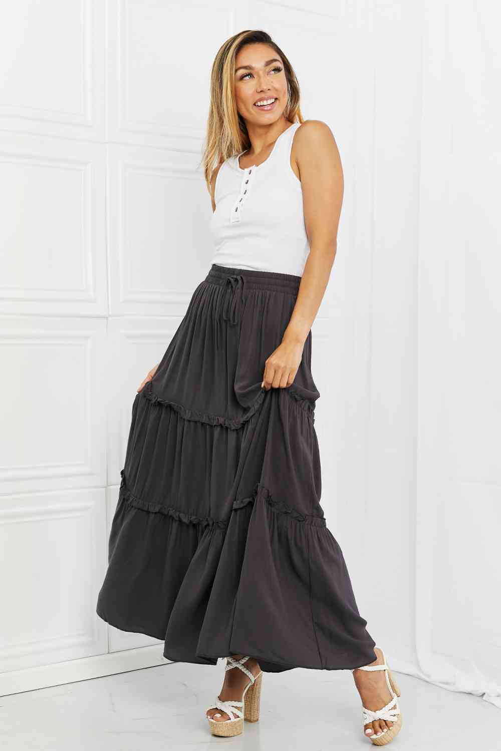 Woven Drawstring Waist Tiered Ruffle Maxi Skirt