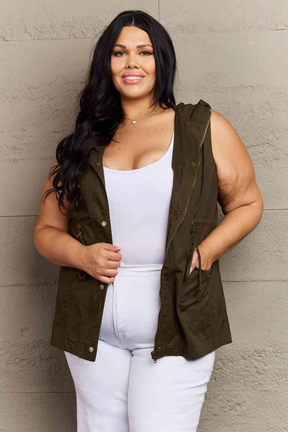 Drawstring Waist Military Hoodie Vest
