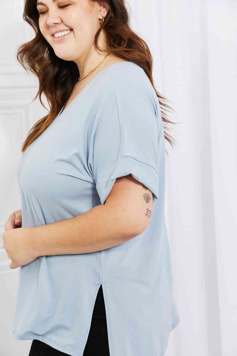 Rolled Short Sleeve Side Slit Hi-Low Hem Top