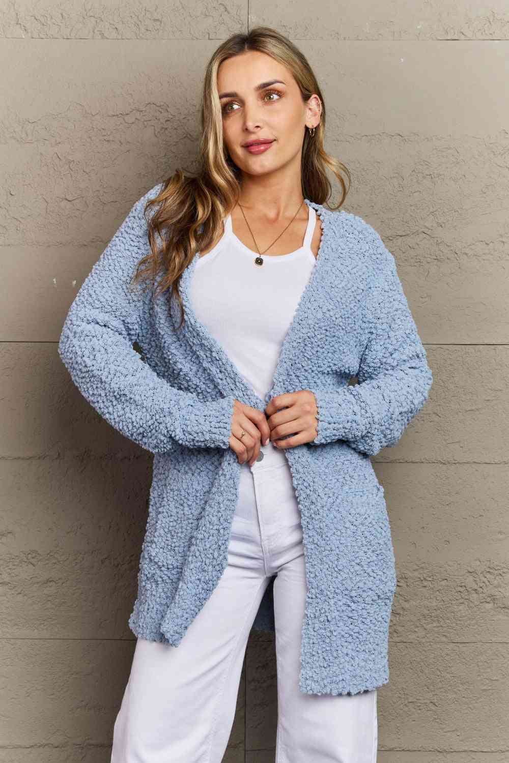 Long Sleeve Popcorn Sweater Cardigan With Pockets