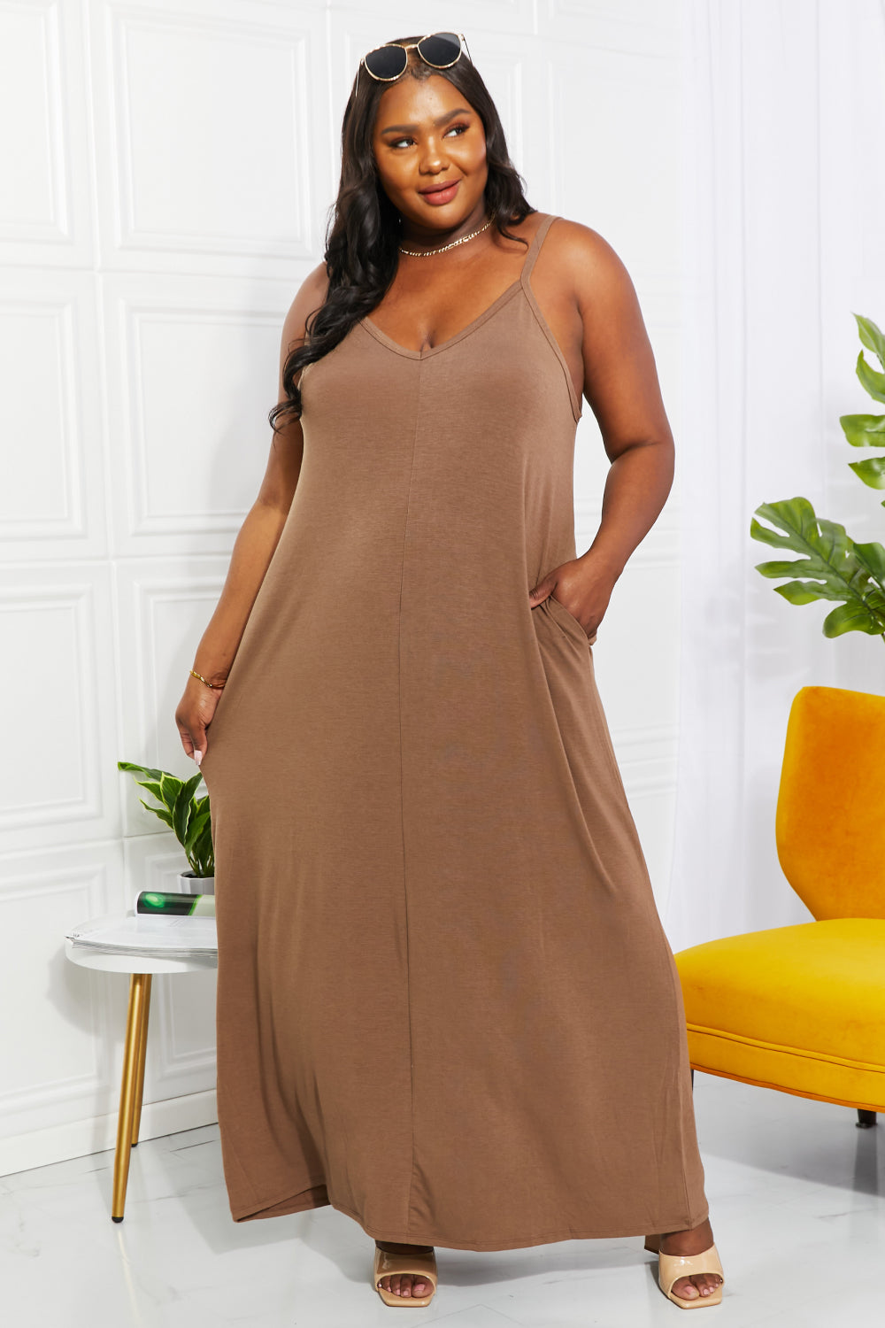 V Neck Cami Maxi Dress With Side Pockets