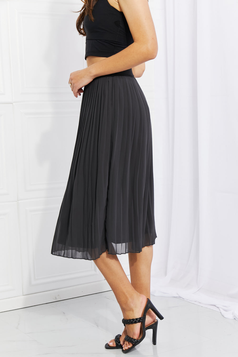 Woven Chiffon High Waist Pleated Midi Skirt