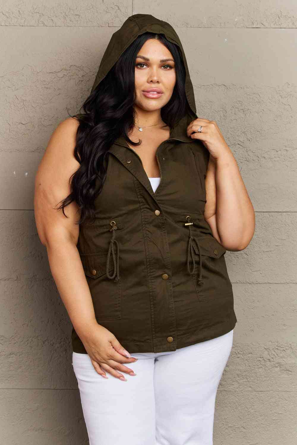 Drawstring Waist Military Hoodie Vest